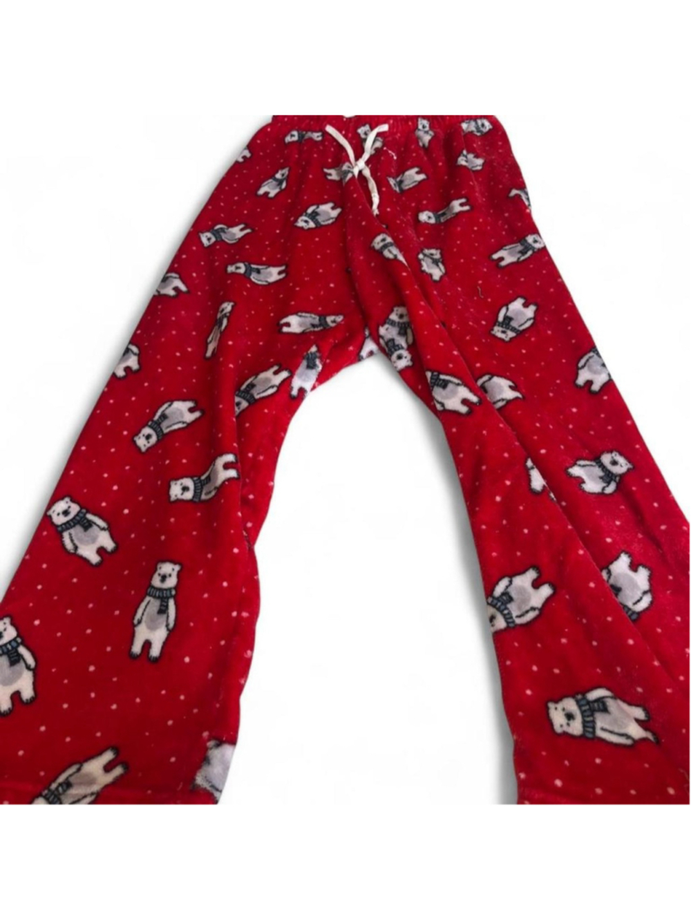 Red polar bear fleece pants with white polar bears and small white dots #polarbe